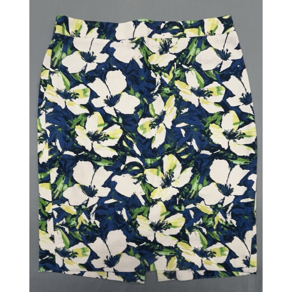 J Crew Pencil Skirt 0 Blue Floral Cotton Lined Preppy Casual Tropical Whimsy